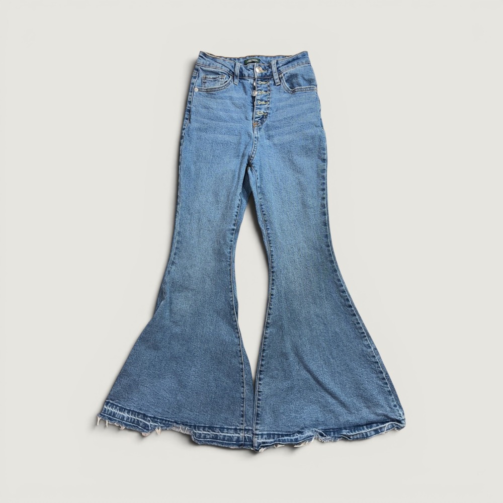 Wild Fable Extreme Flare Jeans Womens 00 Blue High Rise Button Fly Raw Hem